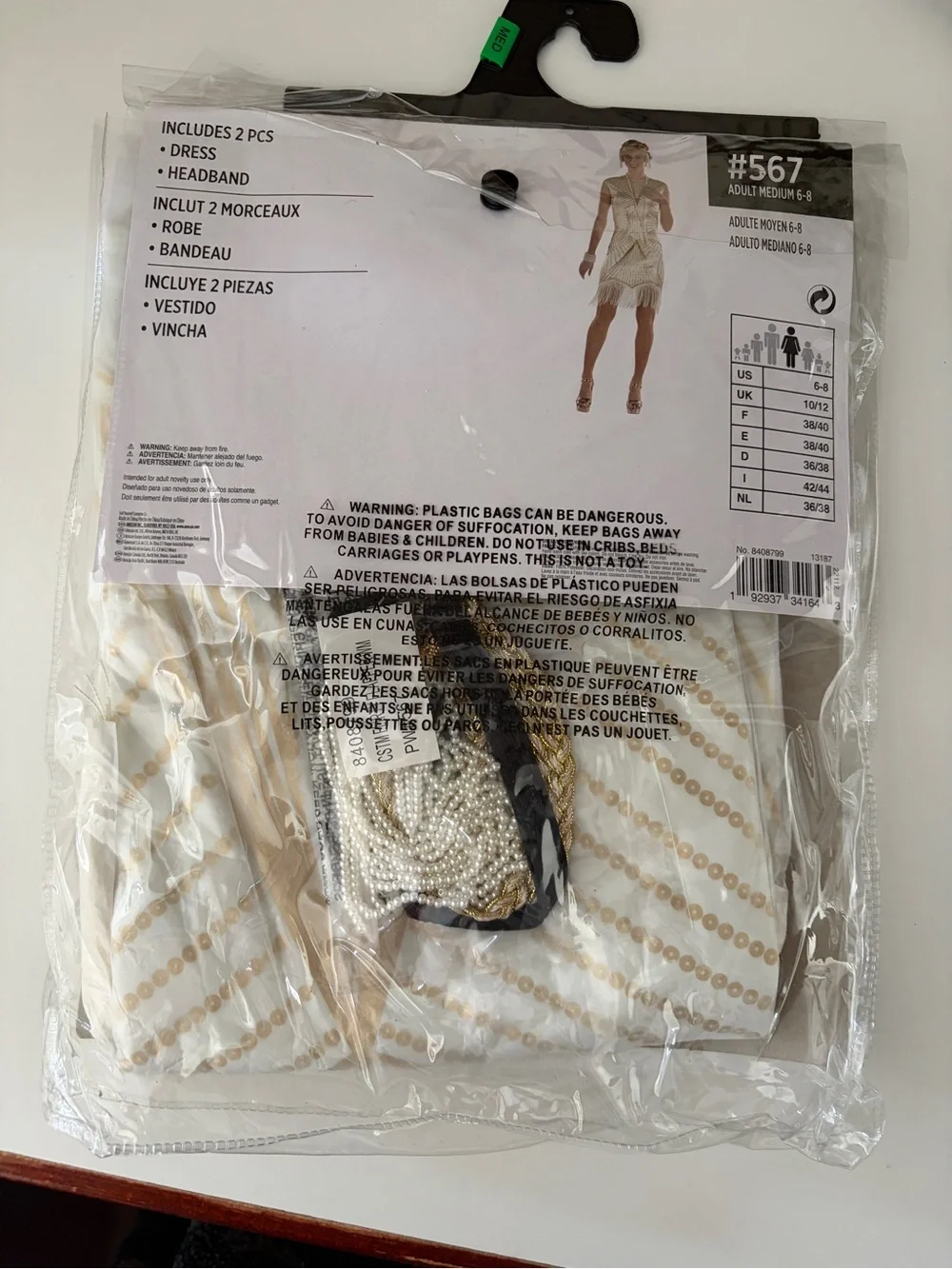 NWT Women's Gold and White Flapper Costume - Adult Medium 6-8